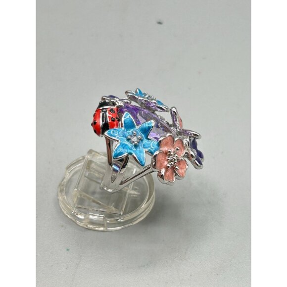 Enamel Flowers & Butterfly Ring Size 7 Silver Tone Cocktail Ring Summer Colorful - Picture 5 of 9